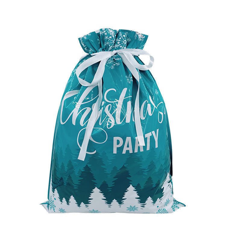 Teal drawstring bag with Christmas Party text and winter scene design on a white background