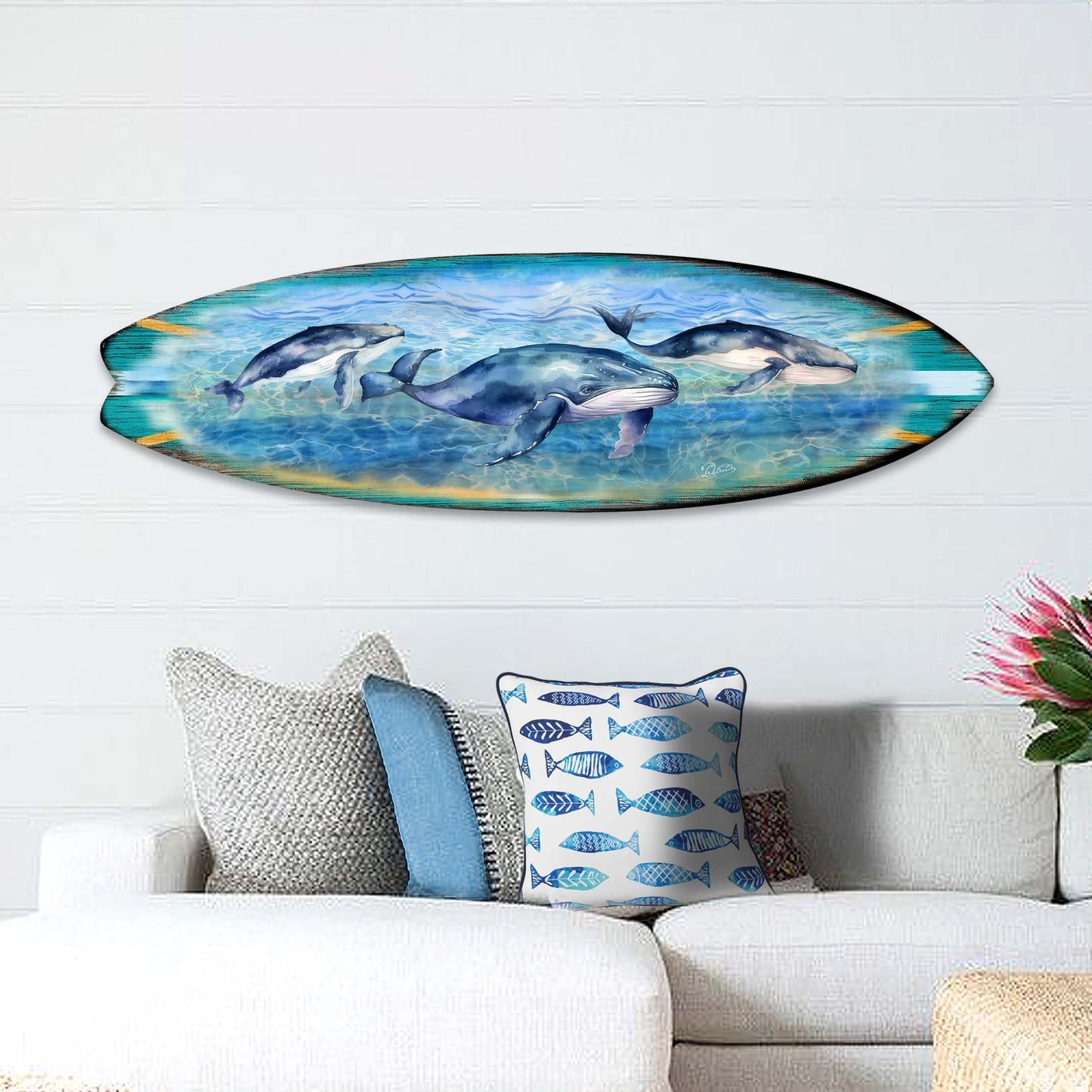 Handcrafted wood whale surfboard coastal wall art