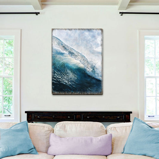 Ocean wave wood wall art with natural carved grain, coastal decor