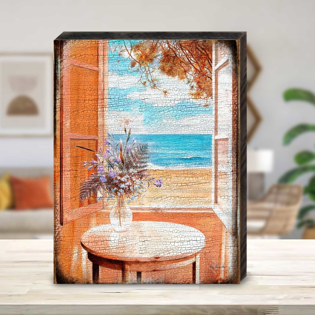 Handcrafted wood coastal window view seascape wall art