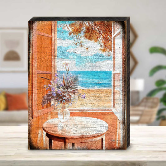 Handcrafted wood coastal window view seascape wall art