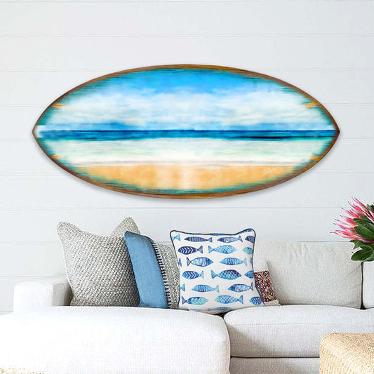 Handcrafted wood ocean view surfboard coastal wall art