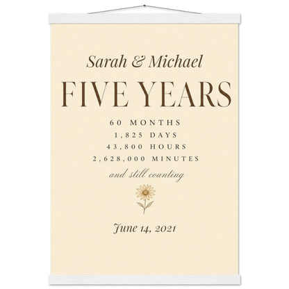 Personalized 5 Year Anniversary Print - A2 (42 x 59.4 cm) / Museum-Quality Matte Paper Poster with Hanger - White wall hanger - Sparkycare