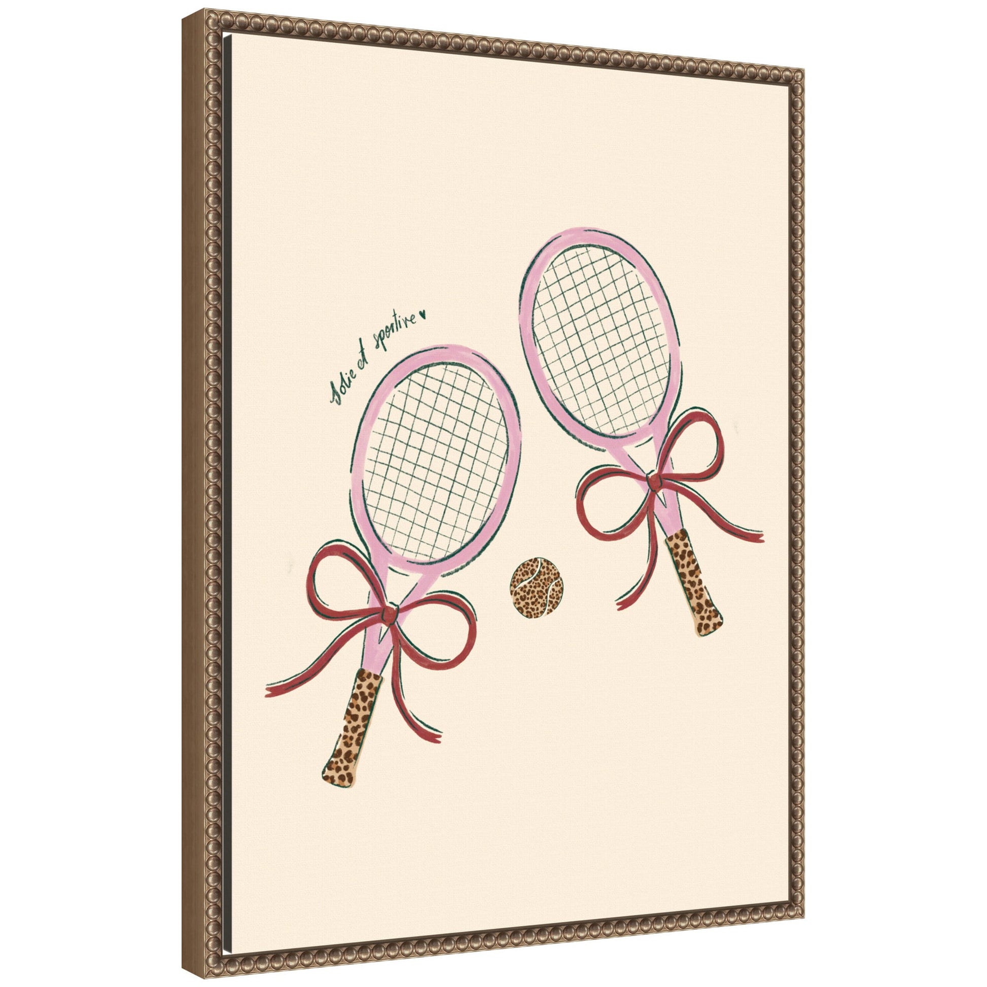 Chic tennis club rackets framed canvas wall art in a dark gold frame, ready to hang