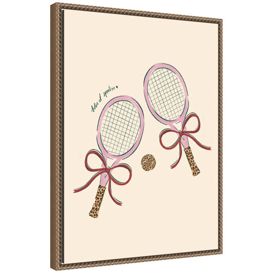 Chic tennis club rackets framed canvas wall art in a dark gold frame, ready to hang