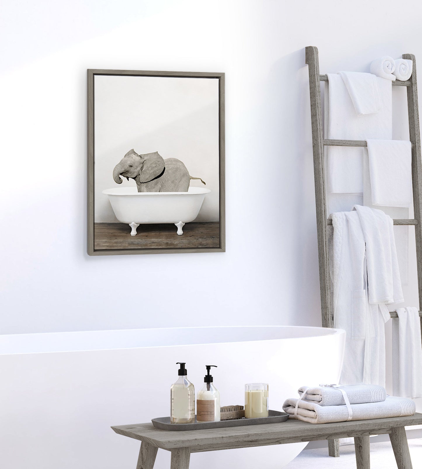 Baby Elephant in the Tub Framed Canvas Wall Art