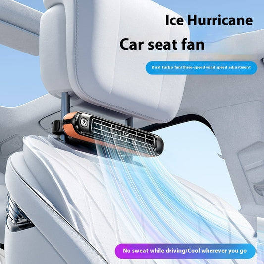 Car seat fan with dual turbo fan and three-speed wind speed adjustment, placed on a car seat.