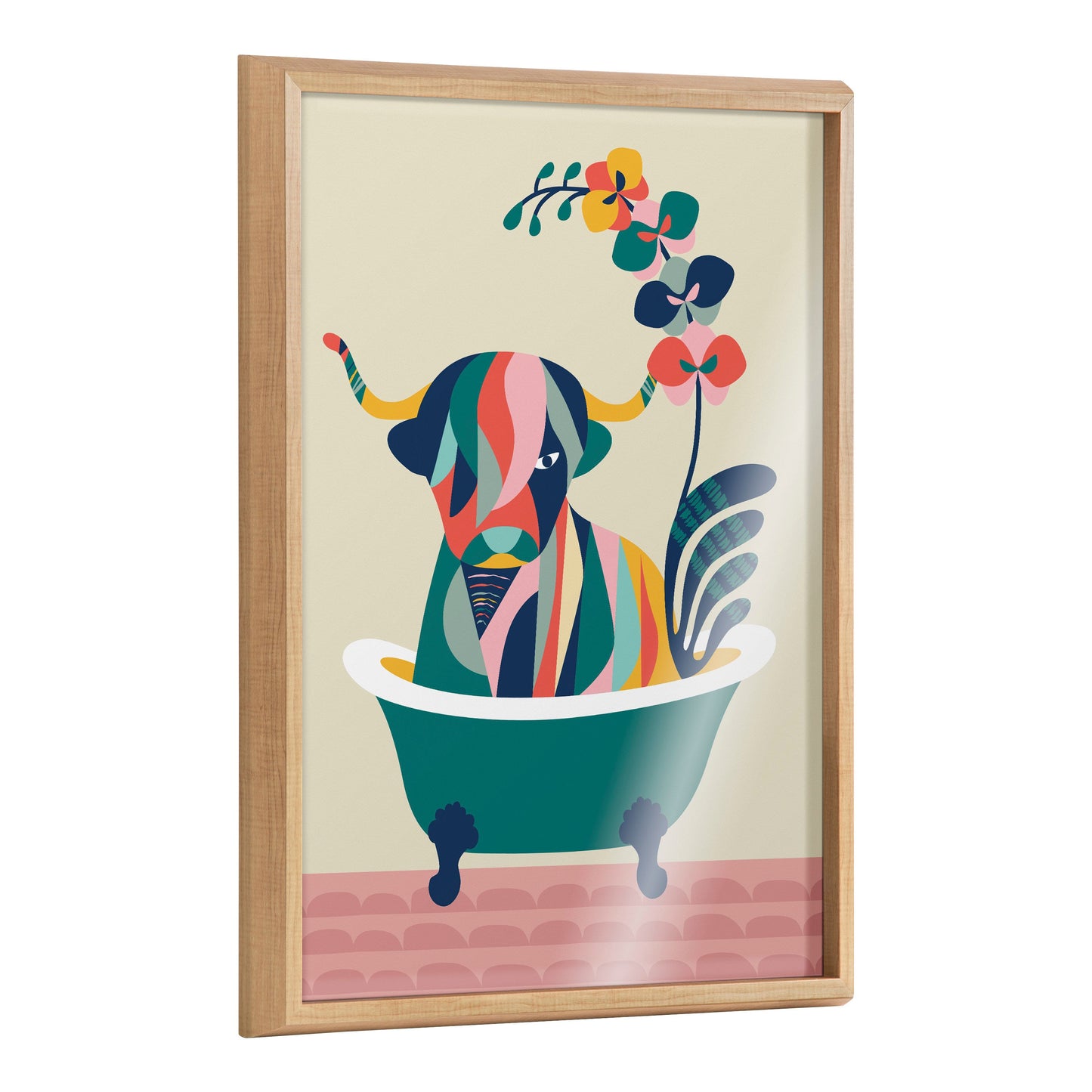 Mid Century Modern Cow in Bathtub Framed Glass Wall Art