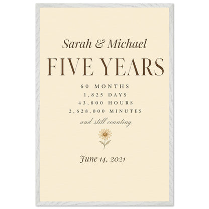 Personalized 5 Year Anniversary Print - 60x90 cm / 24x36″ / Premium Wooden Framed Poster With Museum-Quality Matte Paper - White frame - Sparkycare