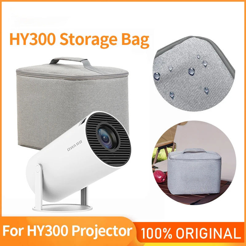 Gray storage bag for HY300 projector with close-up details on an orange background