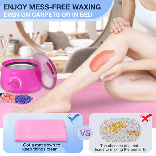 Person using a pink waxing machine on their leg with text highlighting mess-free waxing.