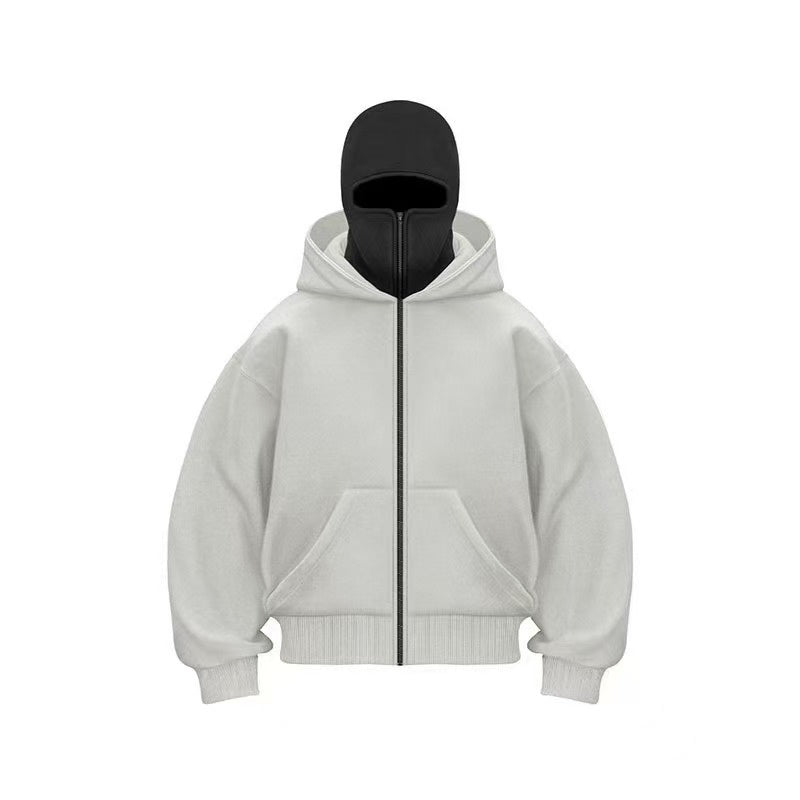 Light Gray and black balaclava zip hoodie with full face coverage techwear fashion