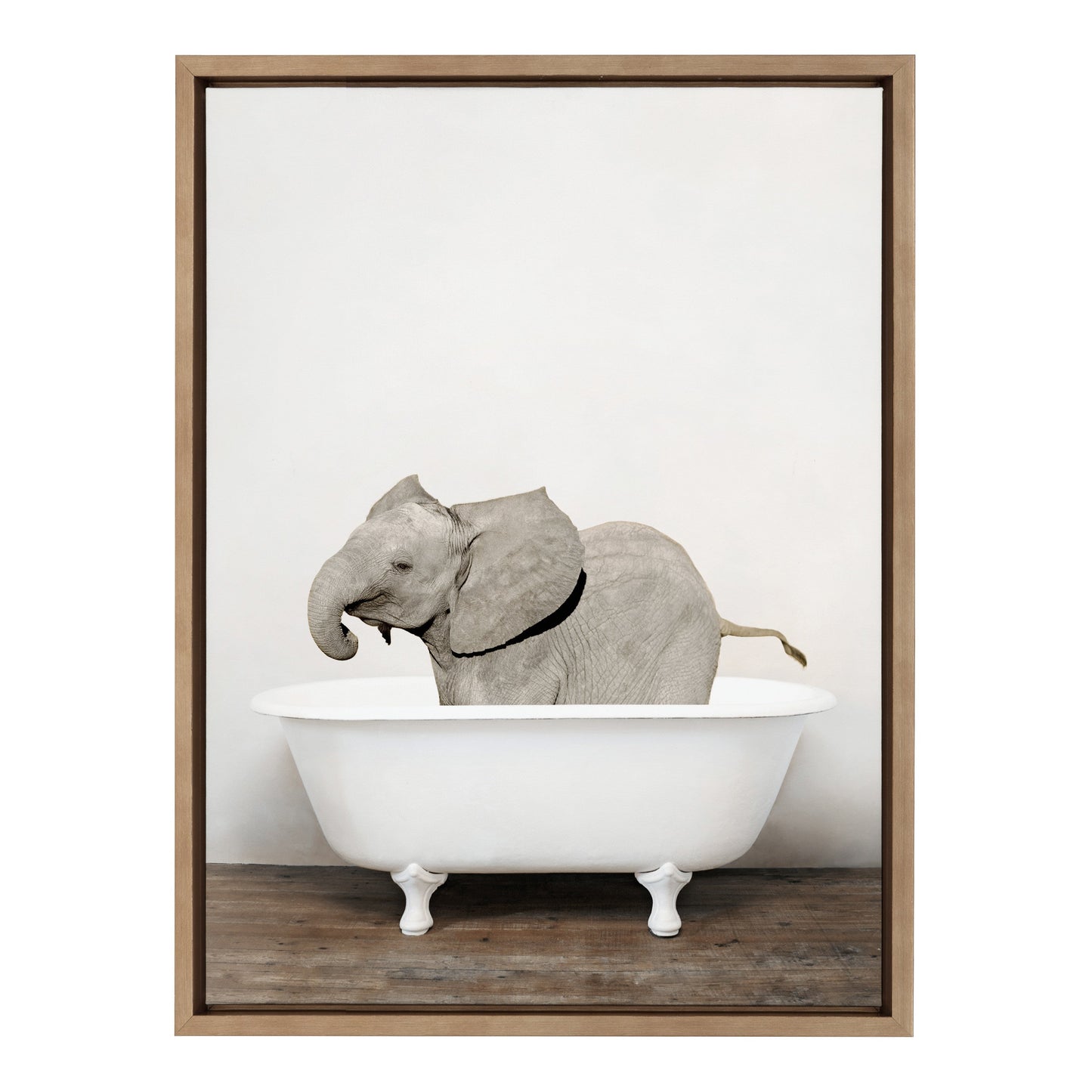 Baby Elephant in the Tub Framed Canvas Wall Art