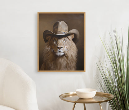 Lion Wearing a Western Cowboy Hat Framed Wall Art Print