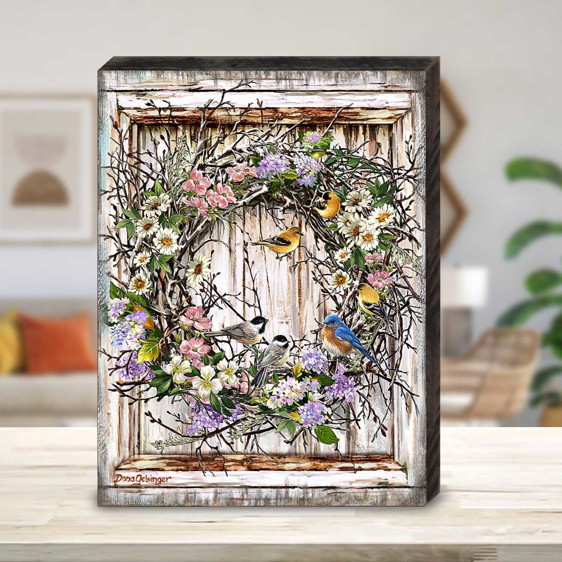 Handcrafted wood spring wreath with birds floral wall art