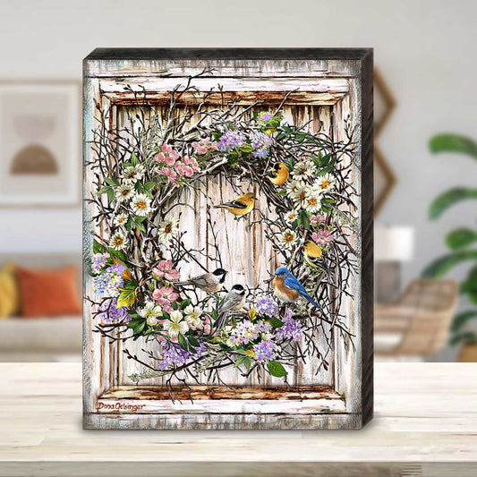 Handcrafted wood spring wreath with birds floral wall art