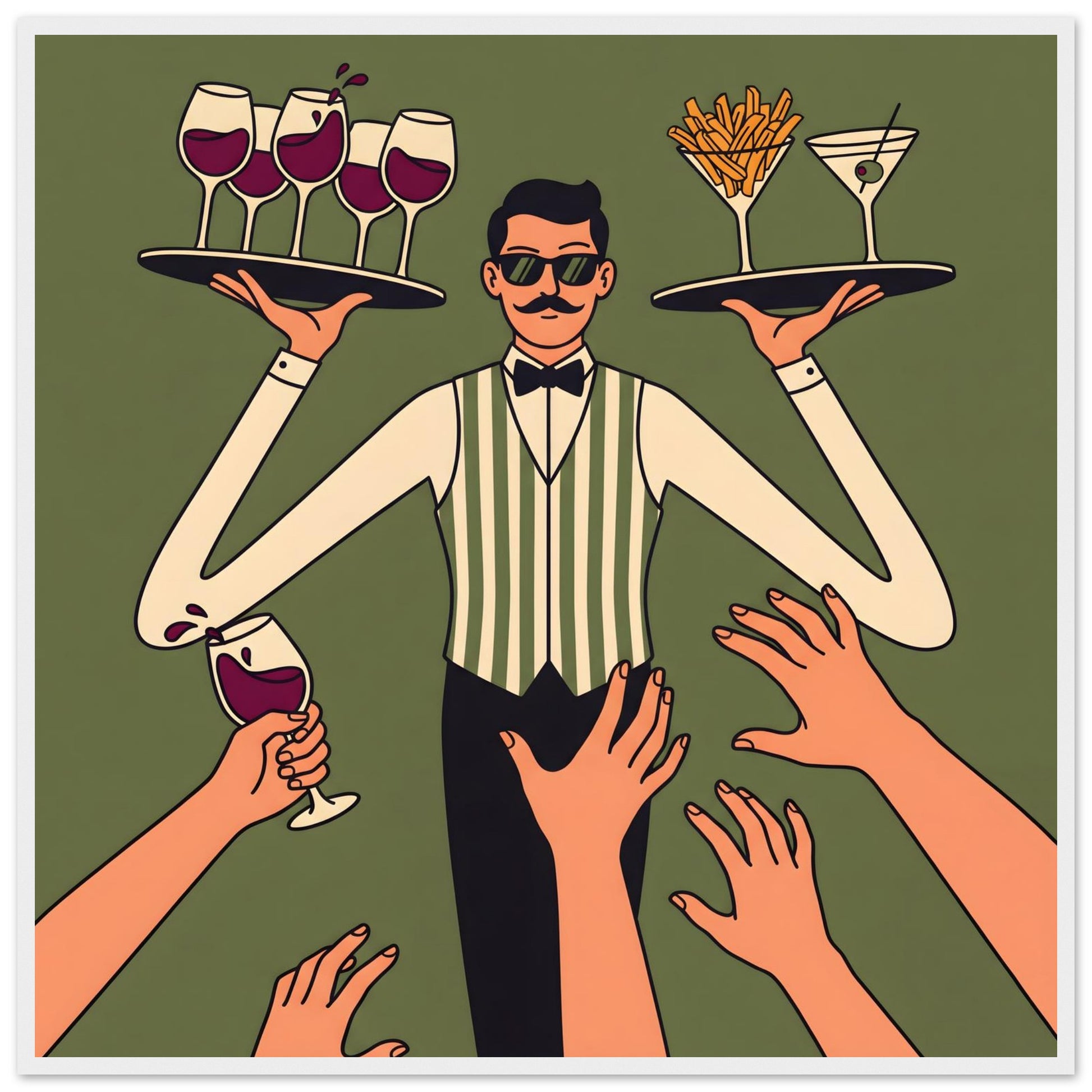 Retro Waiter Bar Art, Framed Server Wall Decor - 70x70 cm / 28x28″ - White frame / Ready-to-hang - Sparkycare