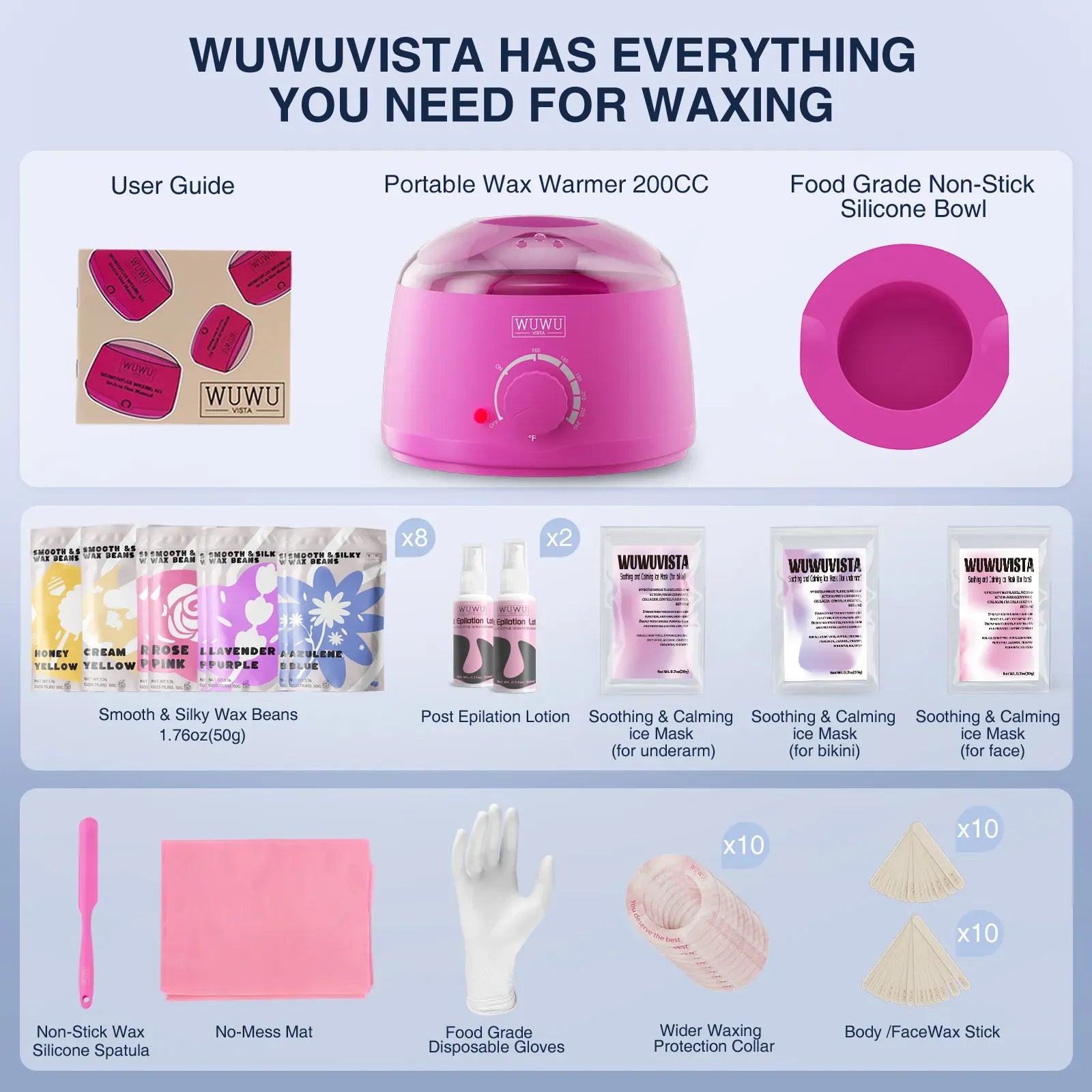 WUWUVISTA waxing kit with various items on a blue background
