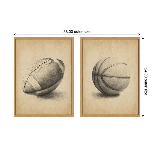 Vintage Football & Basketball 2 Piece Framed Canvas Wall Art Set by The Creative Bunch Studio