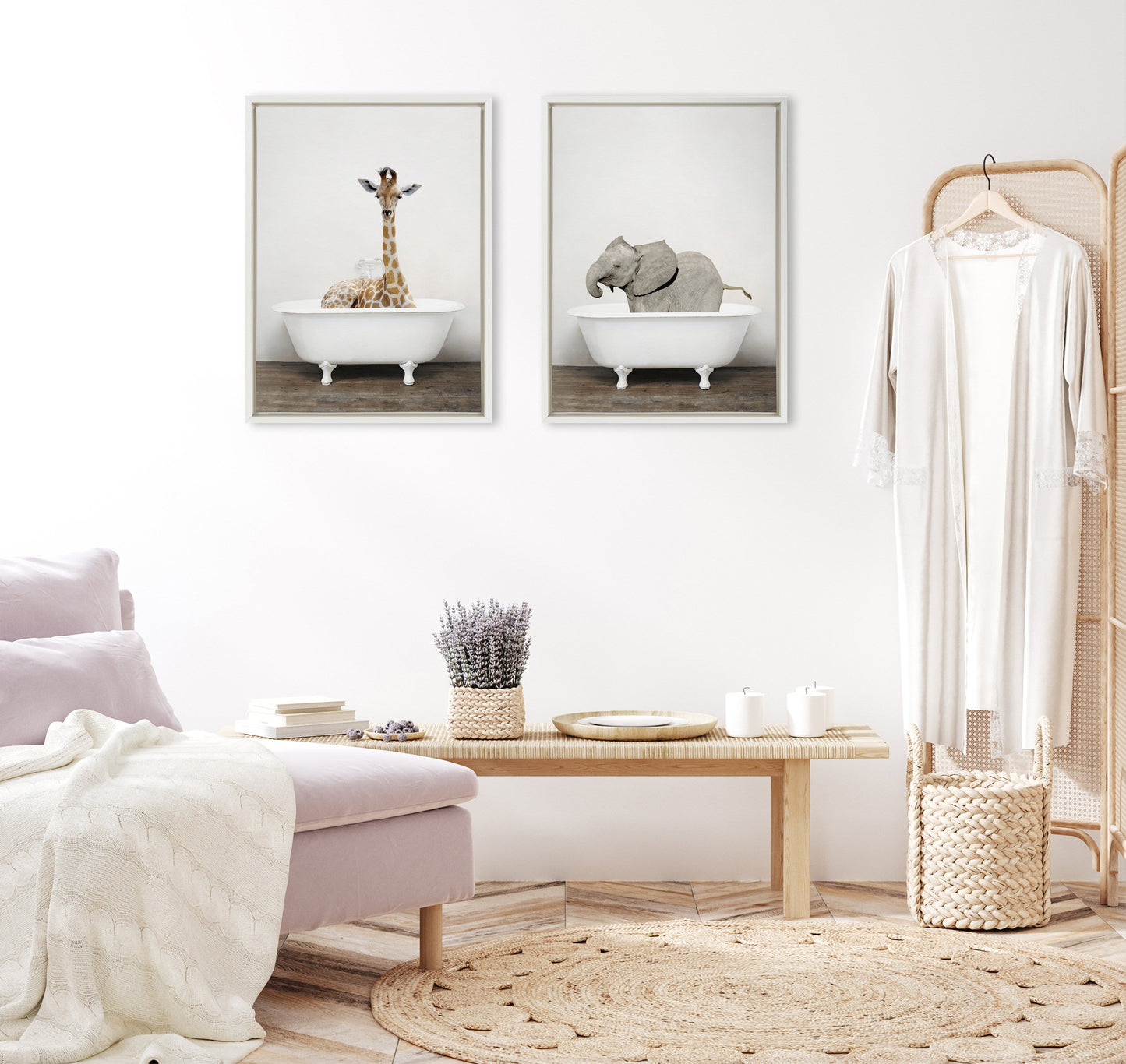 Baby Elephant in the Tub Framed Canvas Wall Art