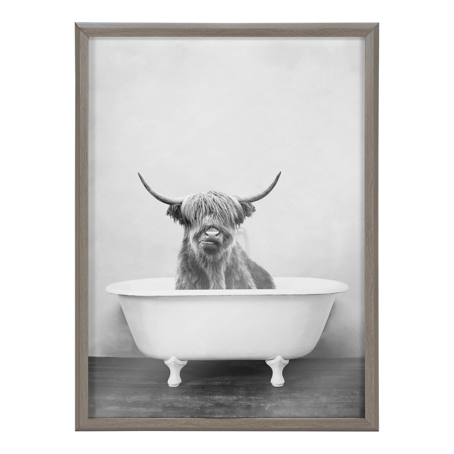 Highland Cow in the Tub Black and White Framed Glass Wall Art