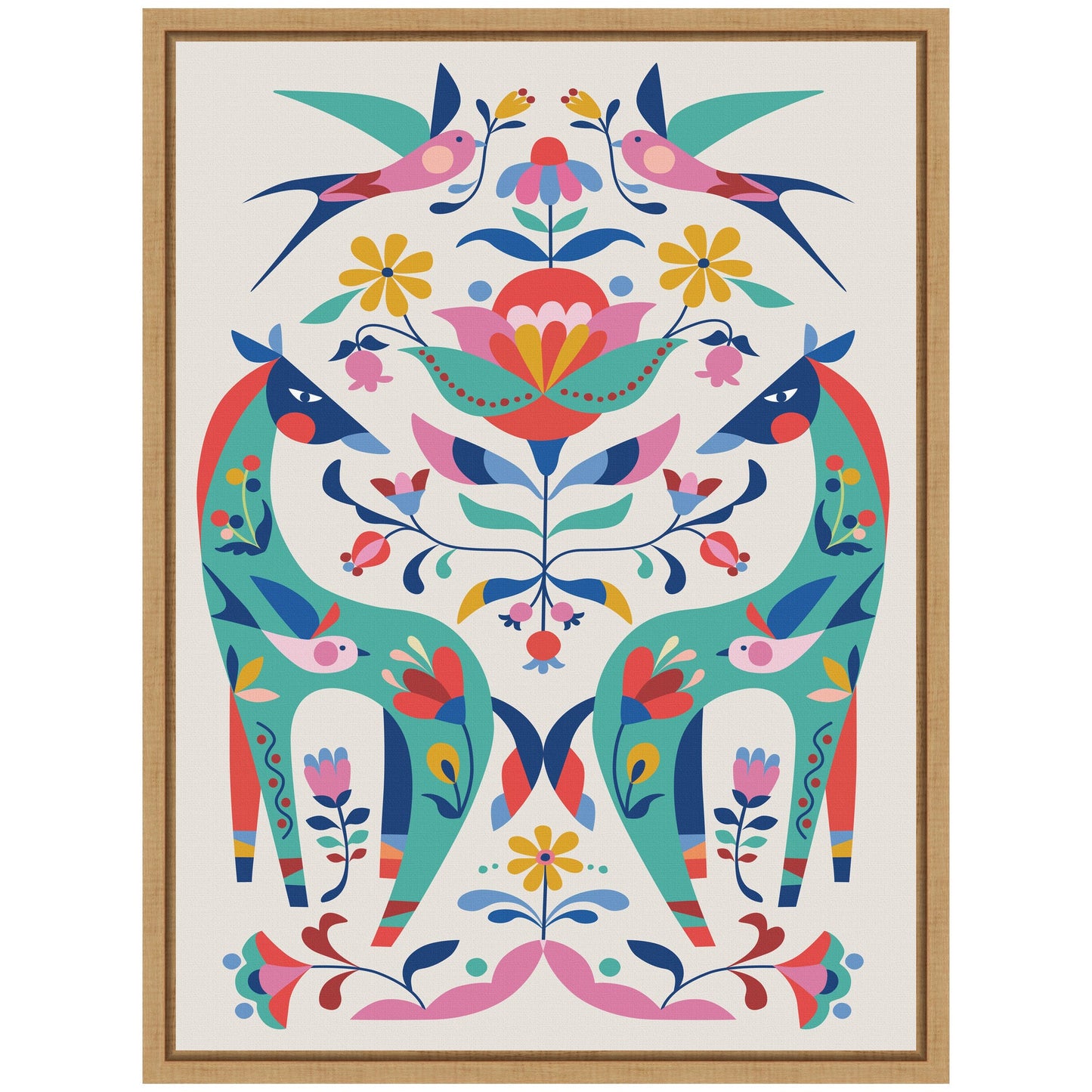 Folk Art Horses and Birds Framed Canvas Wall Art