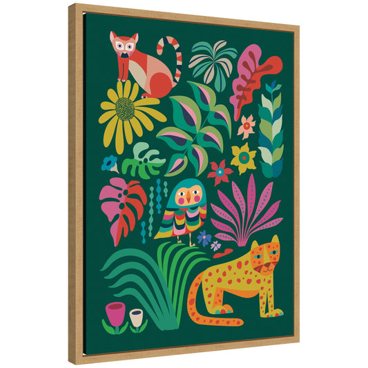Framed canvas of playful jungle animals for safari nursery and kids room wall decor