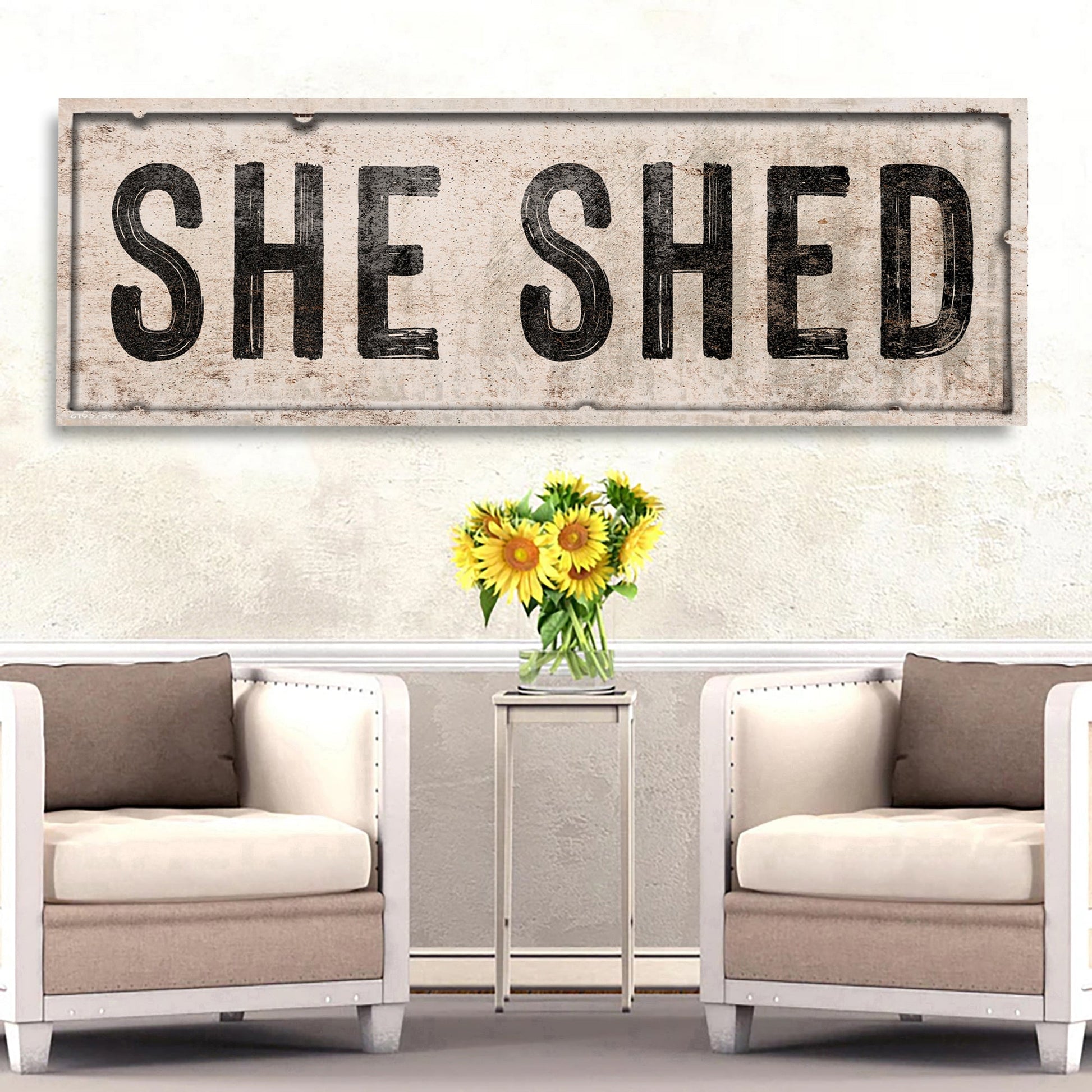 She Shed canvas sign V in tall vertical format for personal retreat sanctuary wall decor
