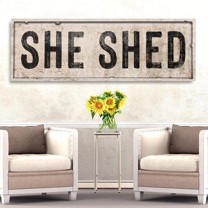 She Shed canvas sign V in tall vertical format for personal retreat sanctuary wall decor