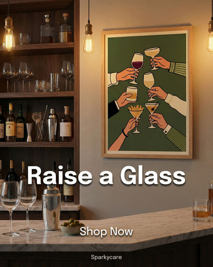 Bar setting with wine bottles, glasses, and a framed artwork of hands clinking glasses.