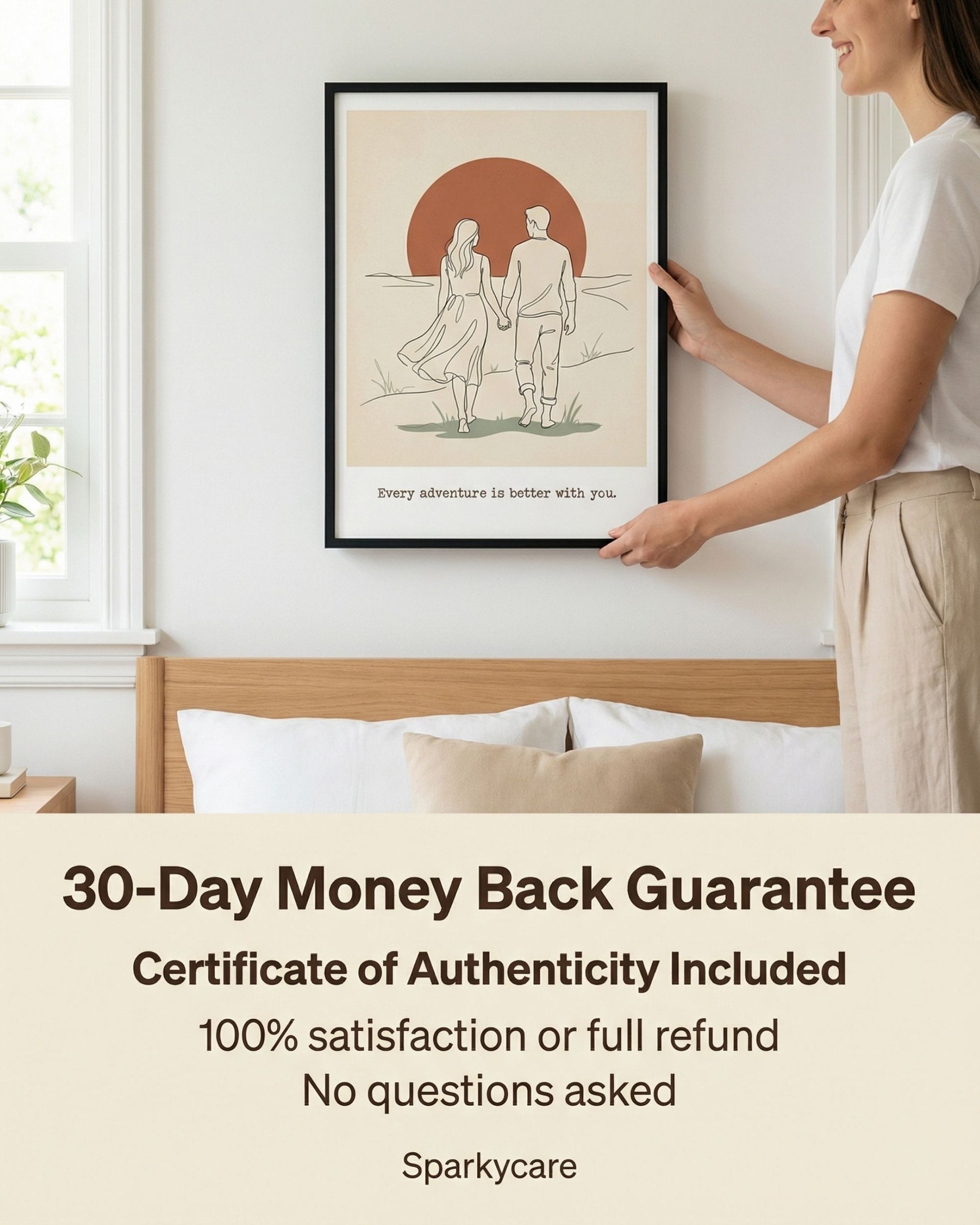 Woman hanging a framed artwork on a wall above a bed with promotional text about a 30-Day Money Back Guarantee and Certificate of Authenticity.