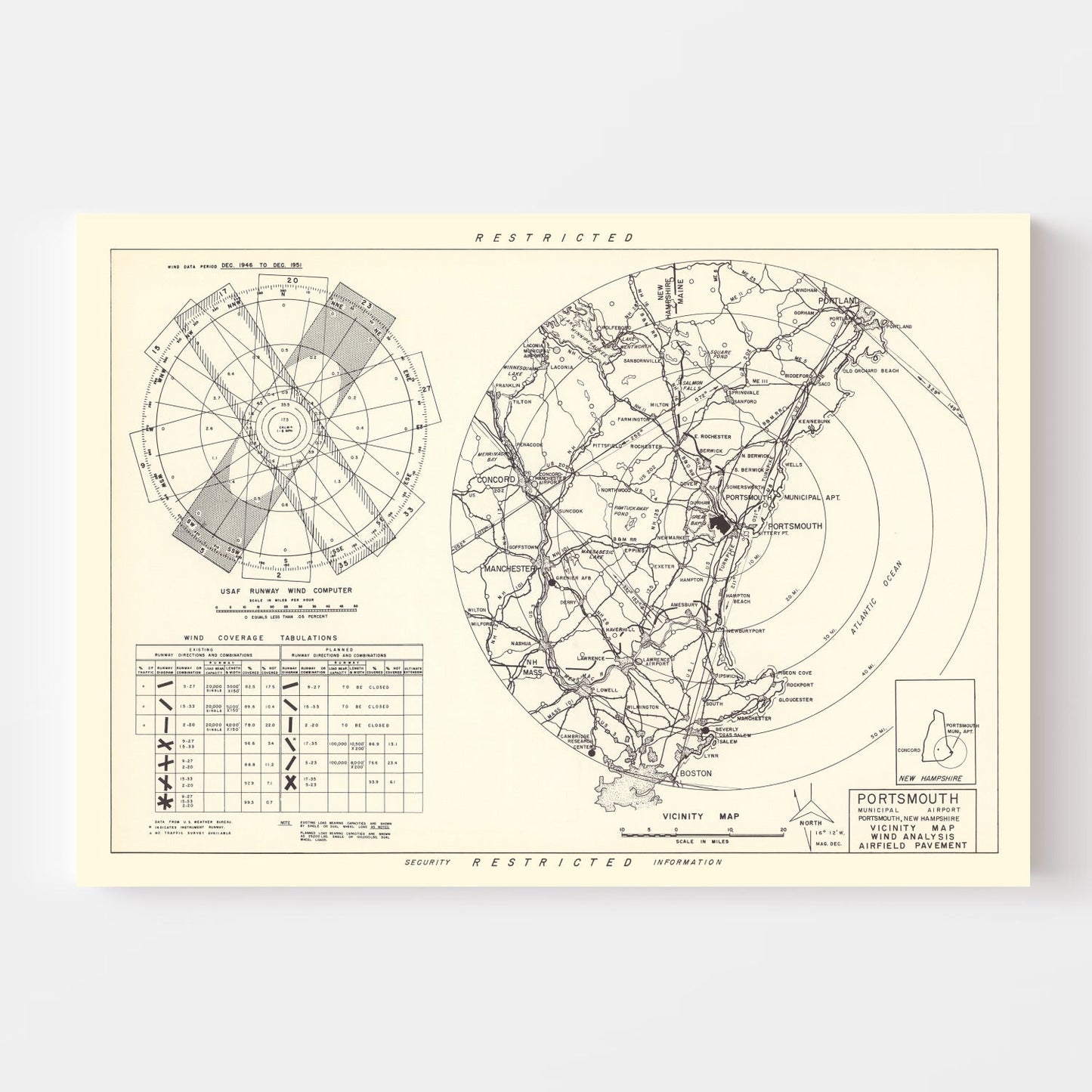 Vintage Map of Portsmouth Municipal Airport Vicinity, New Hampshire, 1951