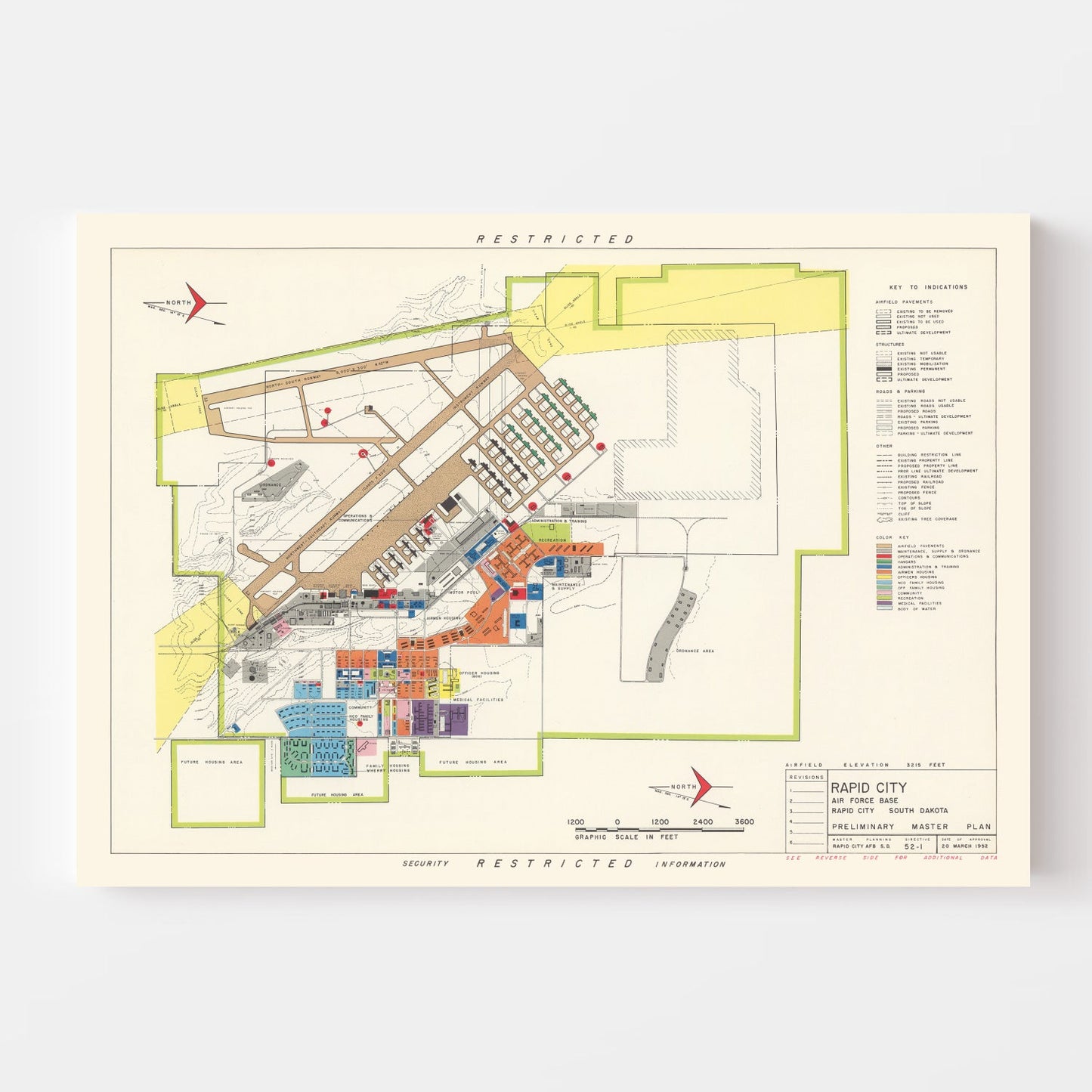 Vintage Map of Rapid City Air Force Base, South Dakota, 1952