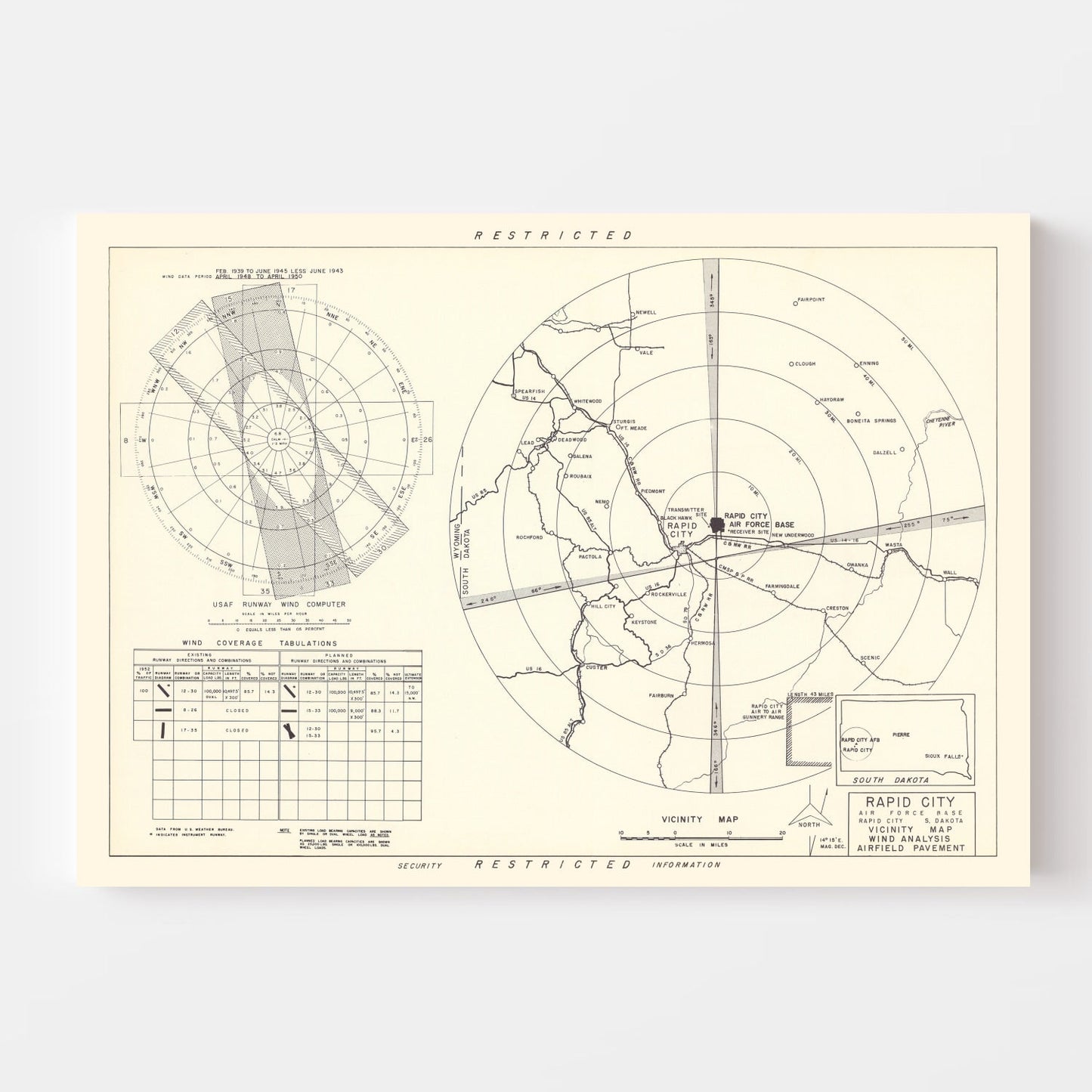 Vintage Map of Rapid City Air Force Base, South Dakota, 1952