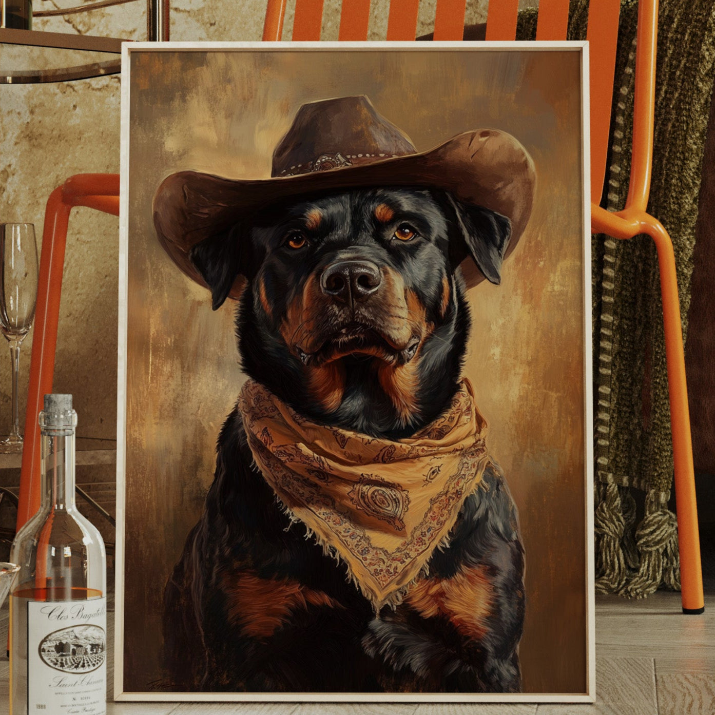 Western cowboy Rottweiler in hat and bandana dog art print