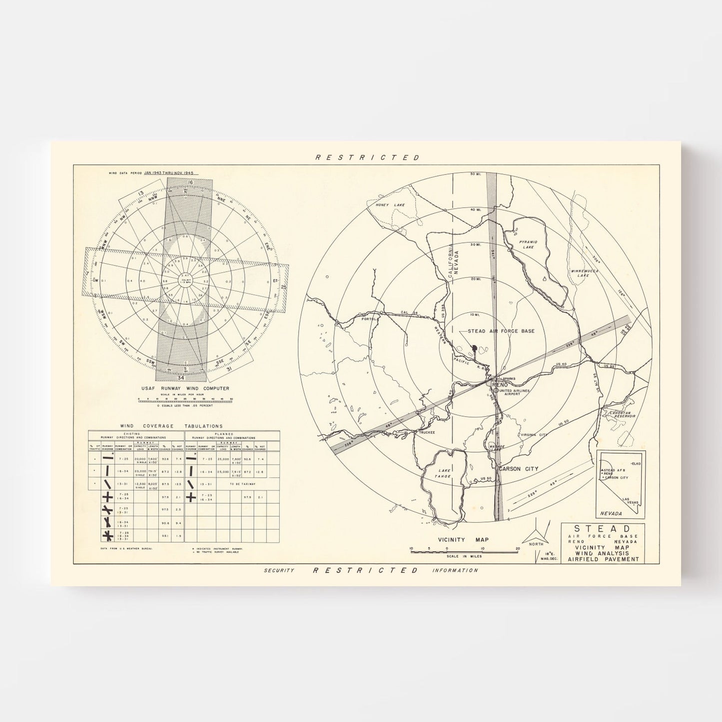 Vintage Map of Reno, Washoe County, Nevada, 1952