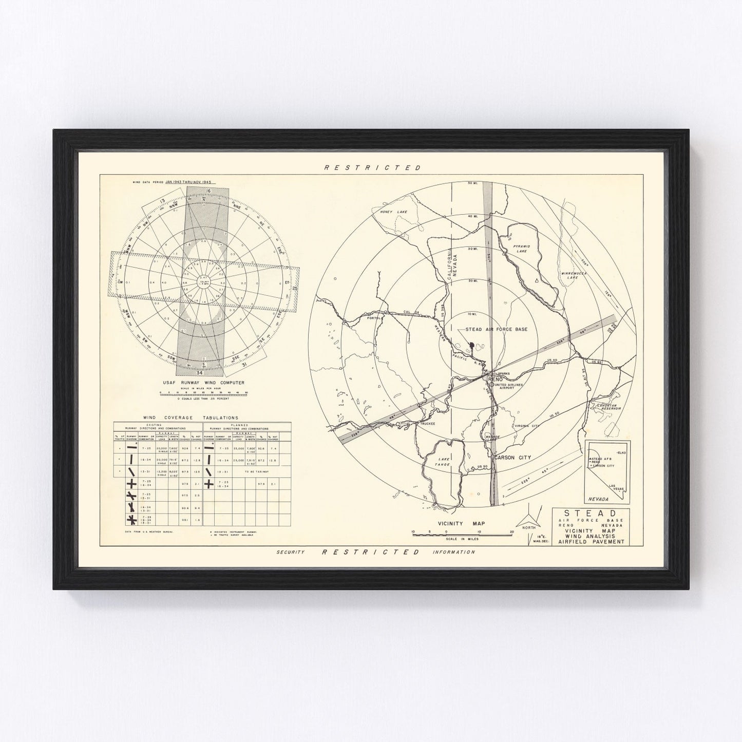 Vintage map of Reno, Washoe County, Nevada, 1952