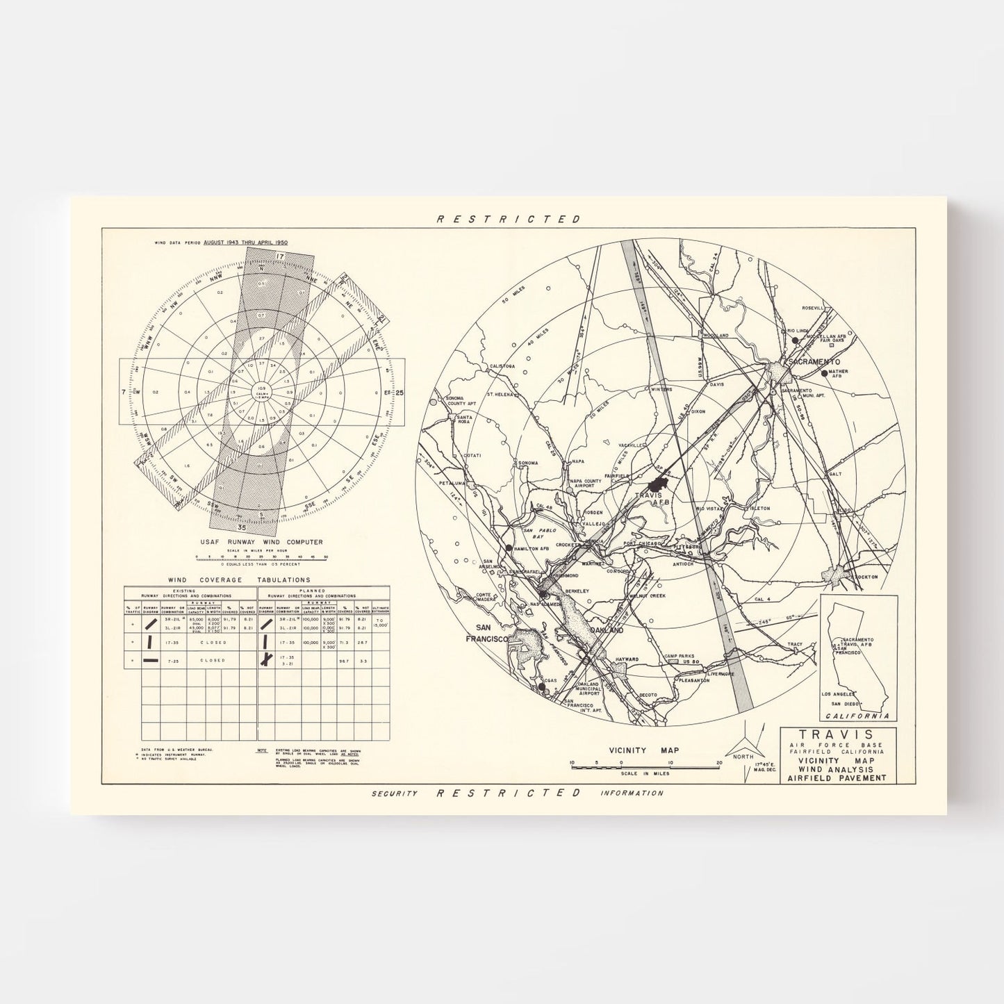 Vintage Map of Travis Air Force Base Vicinity, 1951