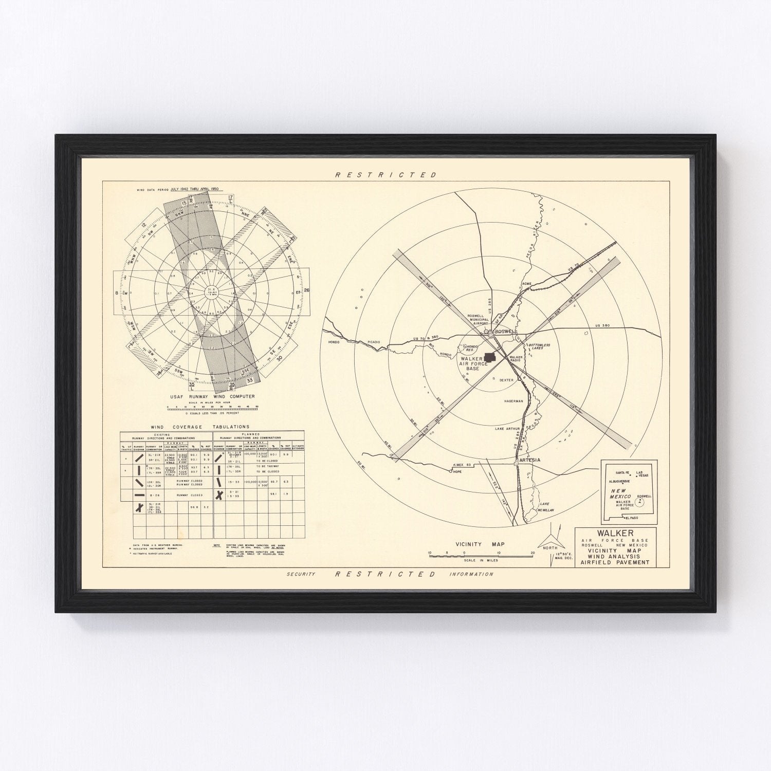 vintage map of Walker Air Force Base vicinity, Roswell, 1951