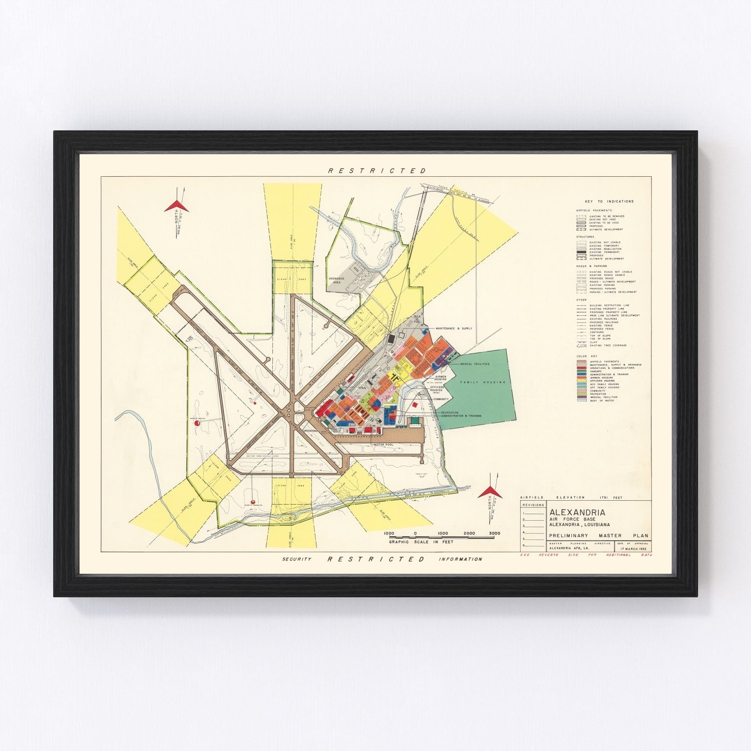 Vintage map of Alexandria Air Force Base, Louisiana, 1952 - restored print