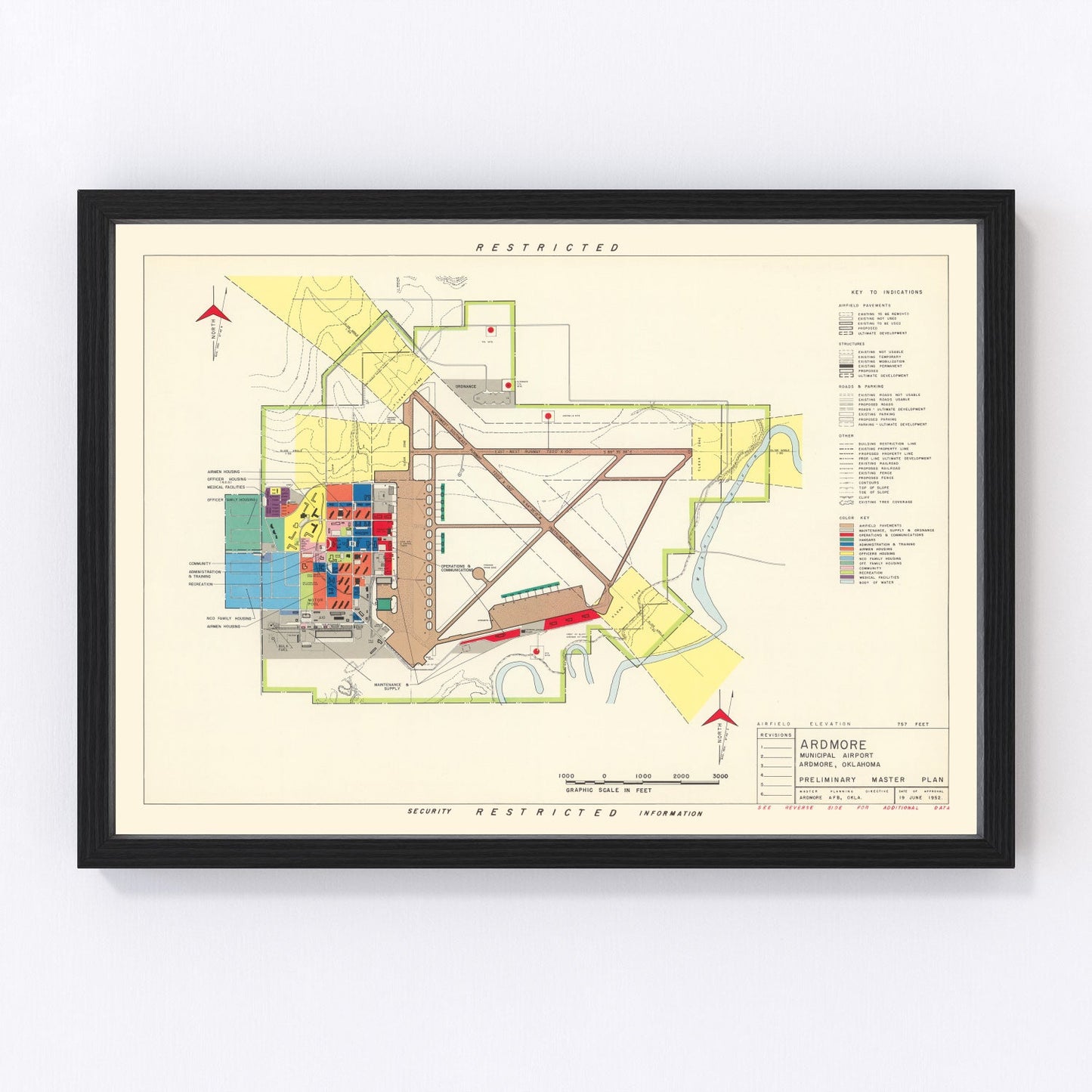 vintage map of Ardmore Municipal Airport, Oklahoma, 1952