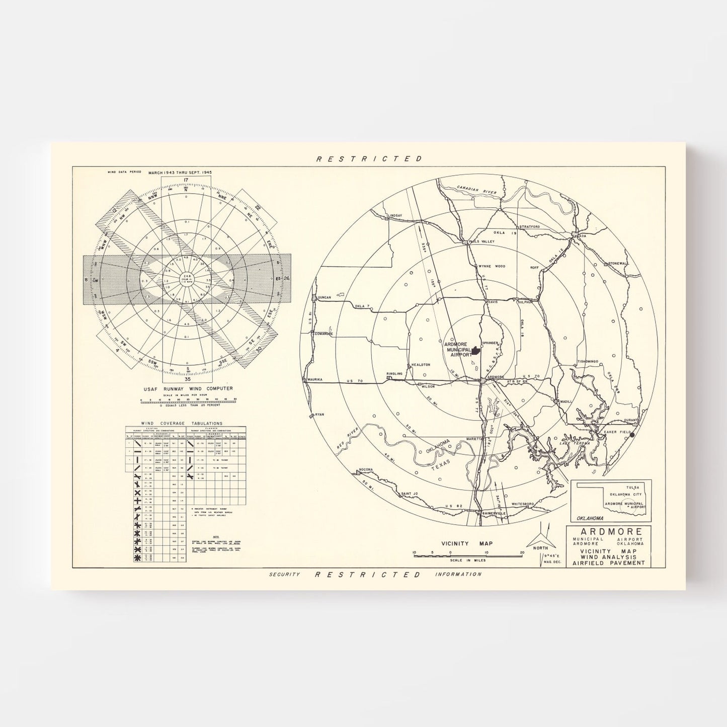 Vintage Map of Ardmore Municipal Airport Vicinity, Oklahoma, 1952