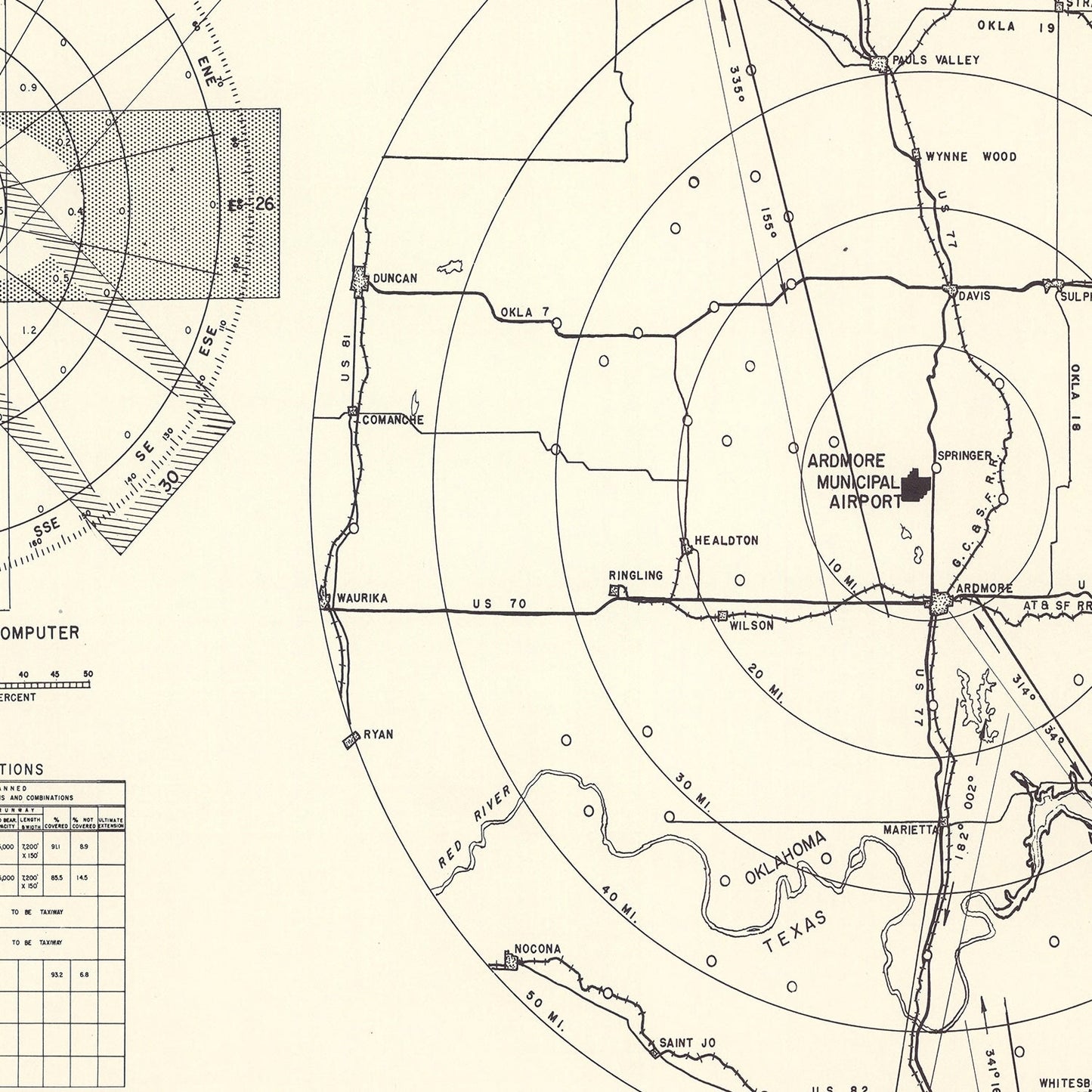 Vintage Map of Ardmore Municipal Airport Vicinity, Oklahoma, 1952