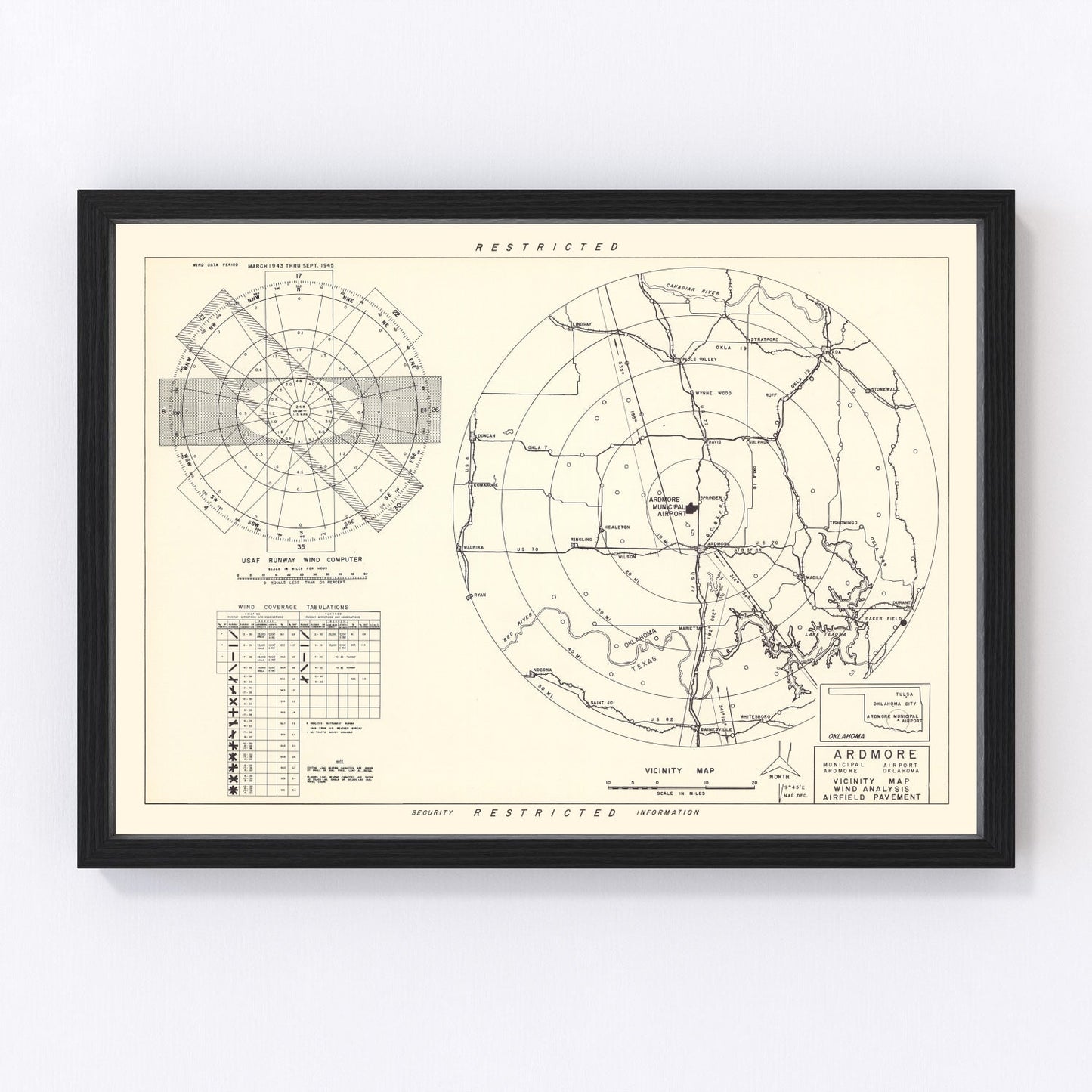Vintage map of Ardmore Municipal Airport vicinity, Oklahoma, 1952