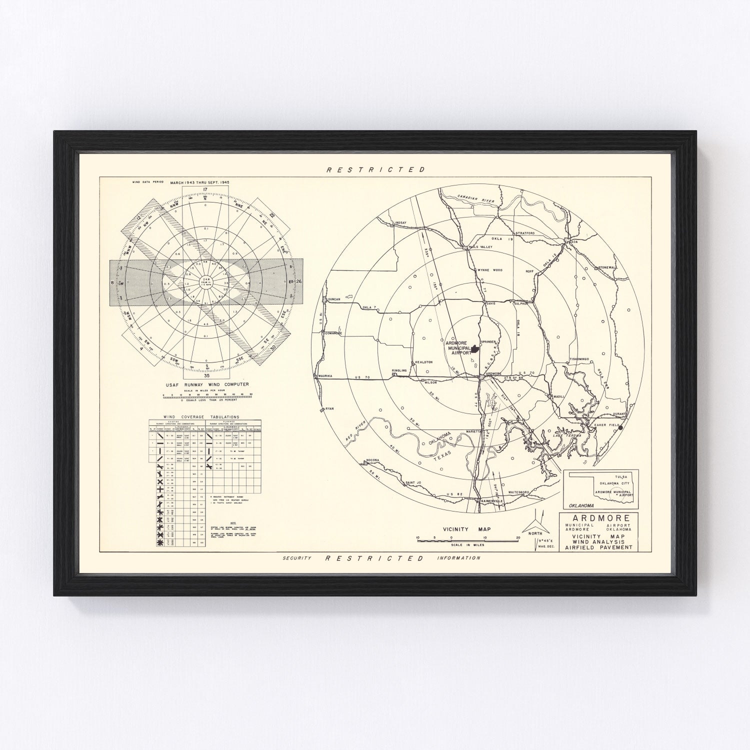 Vintage map of Ardmore Municipal Airport vicinity, Oklahoma, 1952