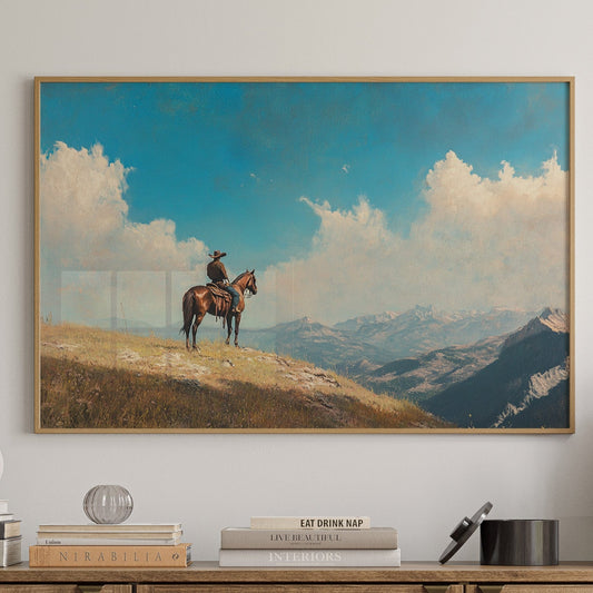 Lone cowboy on horseback western mountain landscape print