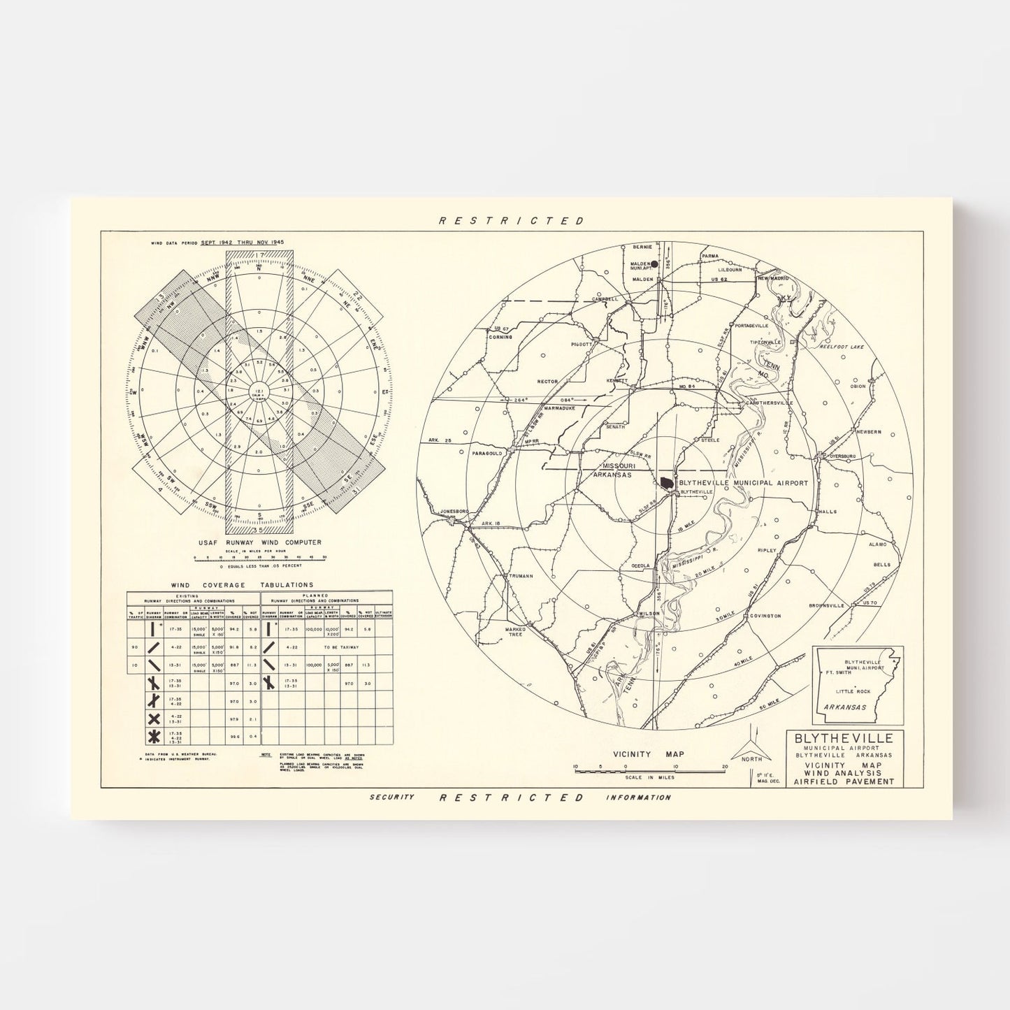 Vintage Map of Blytheville Municipal Airport Vicinity, Arkansas, 1952