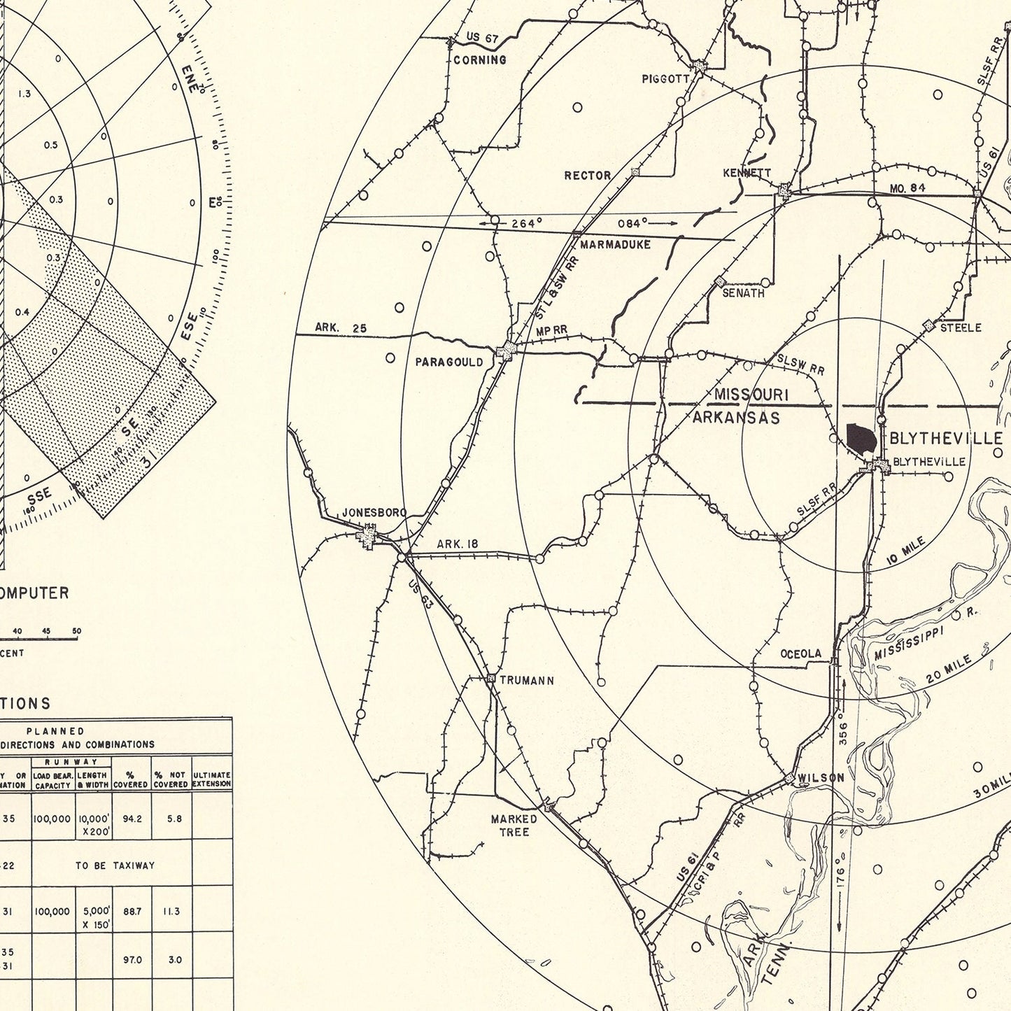 Vintage Map of Blytheville Municipal Airport Vicinity, Arkansas, 1952