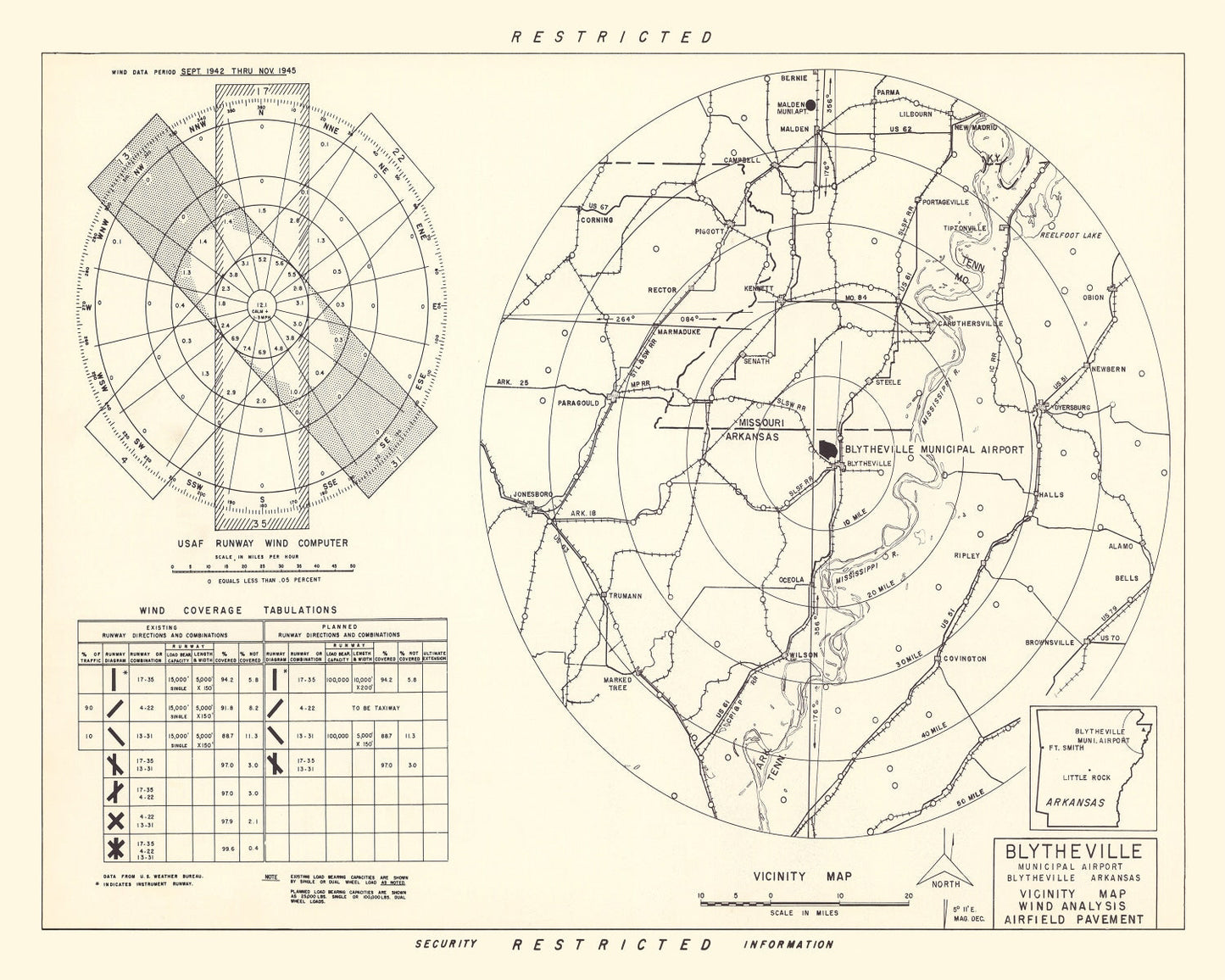Vintage Map of Blytheville Municipal Airport Vicinity, Arkansas, 1952