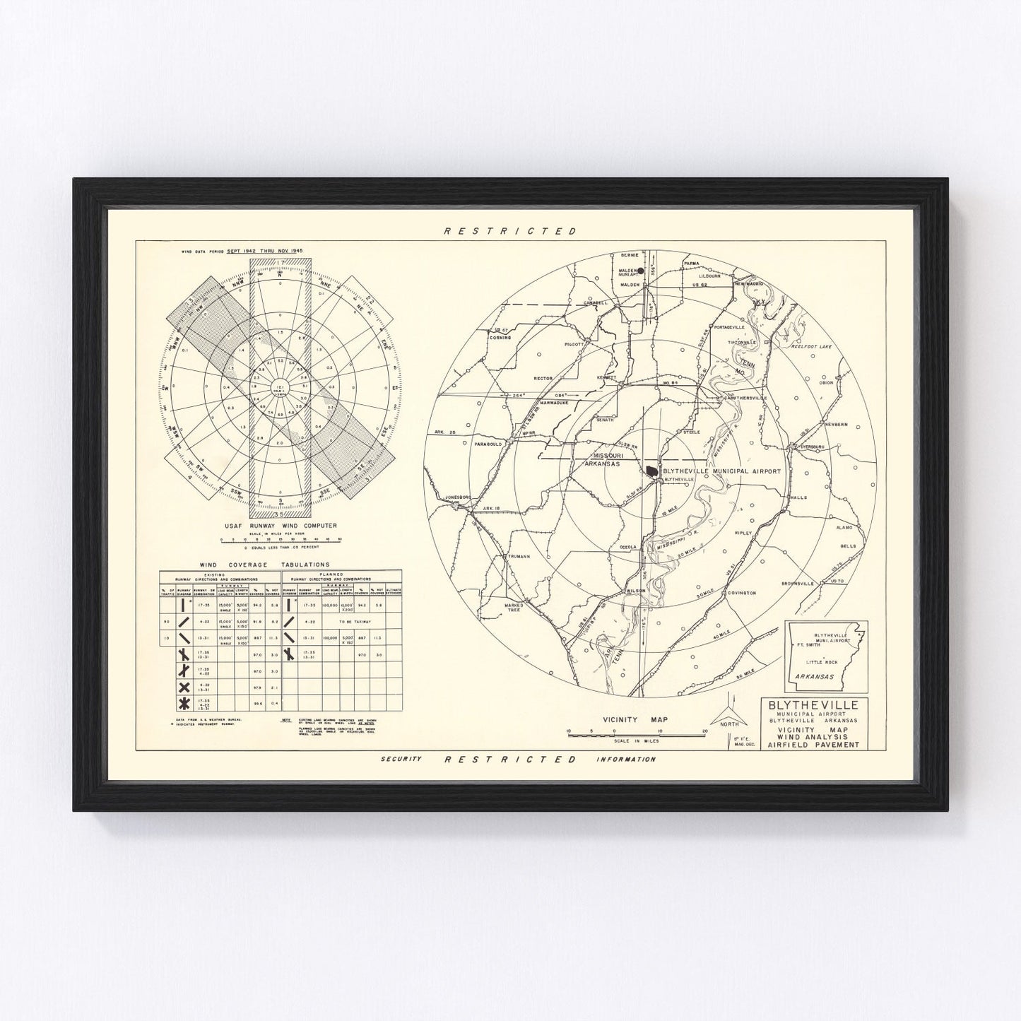 Vintage map of Blytheville Municipal Airport vicinity, Arkansas, 1952